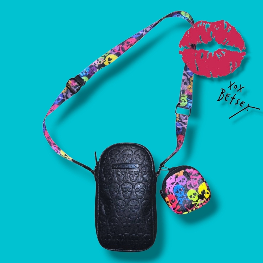 Betsey Johnson Black Crossbody Bag with Colorful Skull Strap